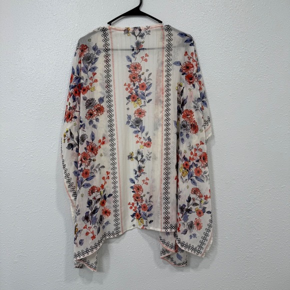 Maurices Women LXL Floral Print Sheer Kimono Cardigan White Coral Blue Lace Trim - Picture 2 of 7